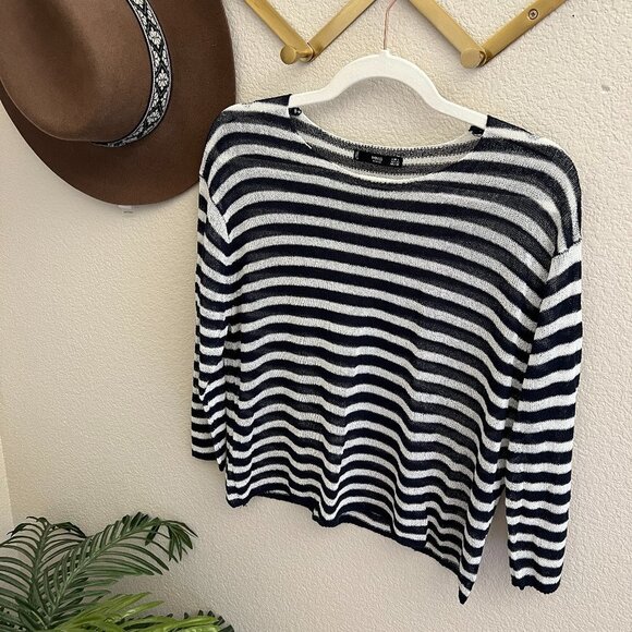 Mango Sweaters - MNG Mango Navy White Stripe Nautical Lightweight Knit Sheer Sweater Blouse Top